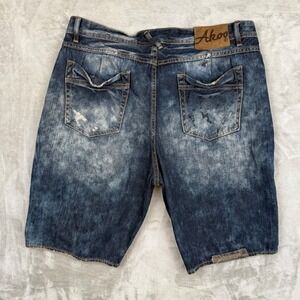 Akoo Mens Distressed Acid Wash Denim Shorts Blue Paint Splatter Camo Size 38